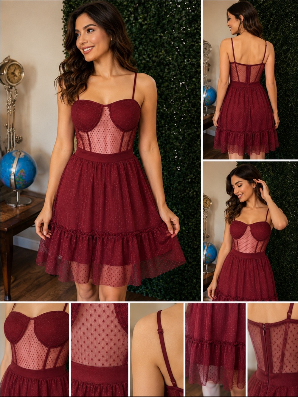 Sheer Burgundy Mesh Bustier Chemise Slip